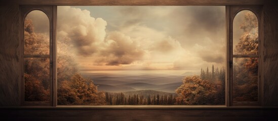 A painting depicting a view of a landscape through a window. The wooden wall frames the scene, showcasing a serene forest and cloudy sky outside.