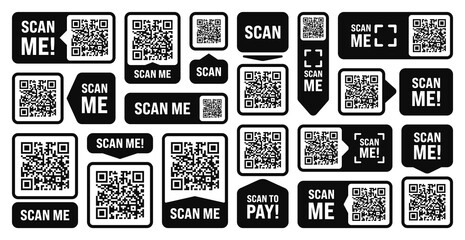 Scan me QR code sticker. Online payment. Special offer sale stickers, shopping discount label or promotional badge. Serial number, product ID. Supermarket retail label, price tag. Vector illustration - obrazy, fototapety, plakaty