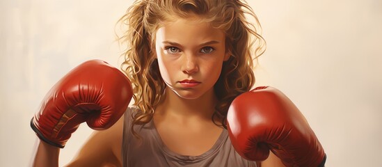 A pretty young girl with red boxing gloves, her arms raised as if ready to fight, against a plain white background. - obrazy, fototapety, plakaty