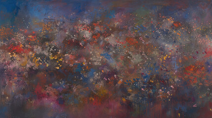 Abstract painting with a vibrant mix of blue red and yellow hues resembling a cosmic nebula or wildflower meadow