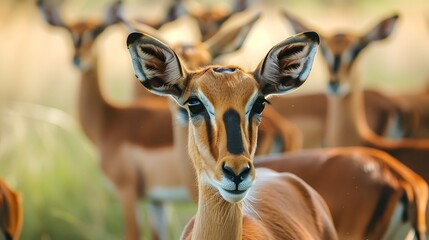 Close up image of a group of impala antelopes in the african savanna during a safari