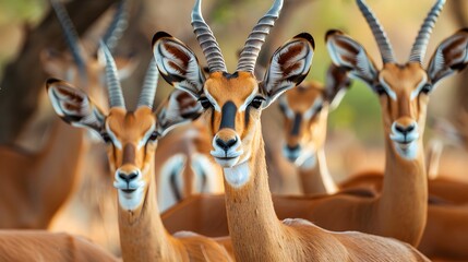 Close up image of a group of impala antelopes in the african savanna during a safari - obrazy, fototapety, plakaty