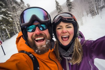 Adventurous Skiing friends selfie. Snow group. Generate Ai