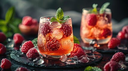 Mock cocktail with raspberries and mint with ice on a dark background
