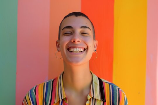 Happy hispanic lesbian young woman looking at the camera on a colorful background