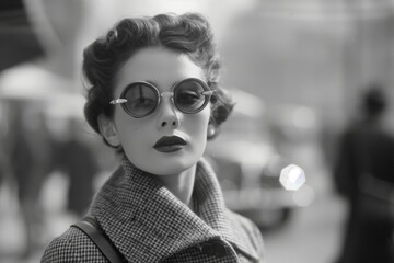Stylish young woman walking in an European city in 1940s and early 1950s. monochromatic vintage.