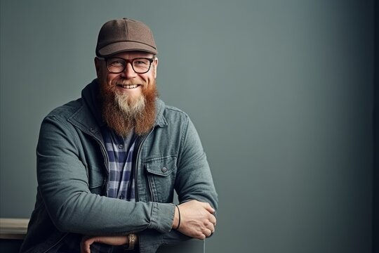 Portrait of a bearded hipster man with glasses and a cap.