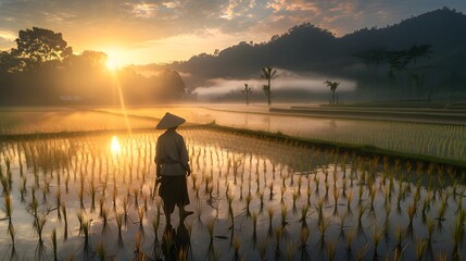 asian rice farmer, sunrise landscape - obrazy, fototapety, plakaty