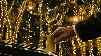 An illustrated hand placing a letter on a piano amidst a backdrop of golden lights and festive decorations