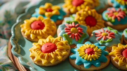 Colorful summer cookies in the shape of sun and flowers