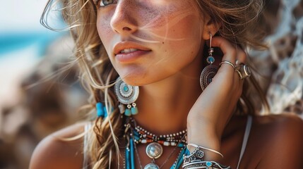 Young woman wearing bohemian style silver jewelry  generative ai images