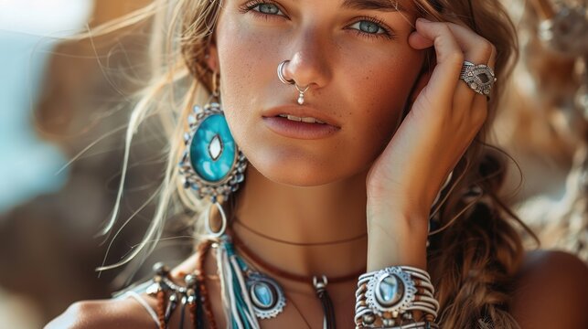 Young woman wearing bohemian style silver jewelry  generative ai images