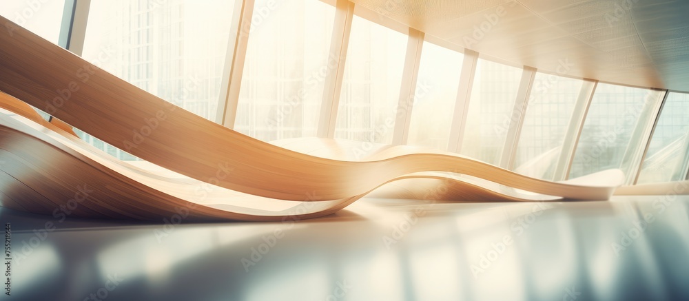 Poster a curved wooden bench is positioned in front of a large window in a modern office interior. the natu