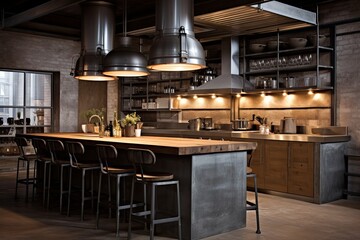 Industrial-Chic Kitchen Concepts: Industrial Stools, Concrete Countertops, Exposed Ductwork Delight