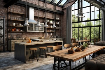 Fototapeta premium Industrial-Chic Loft Kitchen: Inspiring Concepts with Spacious Windows