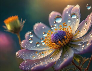 Magic water drops on a beautiful flower and an insect sitting on it