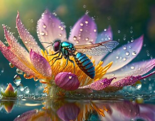 Magic water droplets on a beautiful flower and an insect sitting on it - obrazy, fototapety, plakaty