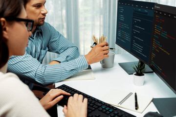 Team skilled developers program thinking newest coding creative website planning software project...