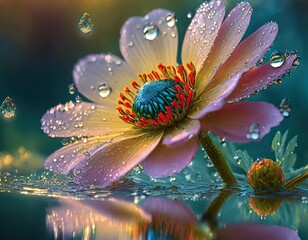water drops on magical flowers in amazing colors