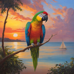 A painting of a parrot sitting on a branch at sunset