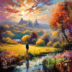 An impressionism oil painting of a man in a tranquil autumn landscape