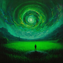 Man standing in a field looking at a green portal in the night sky