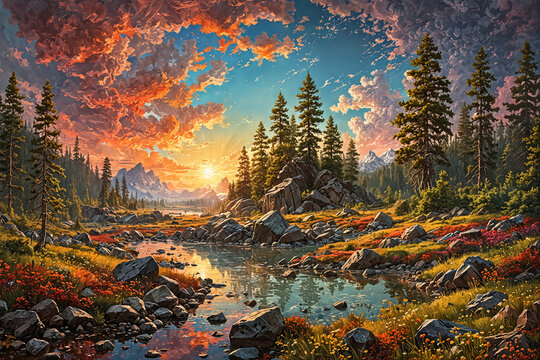 A painting of a beautiful sunset scene of a pine forest with flowers