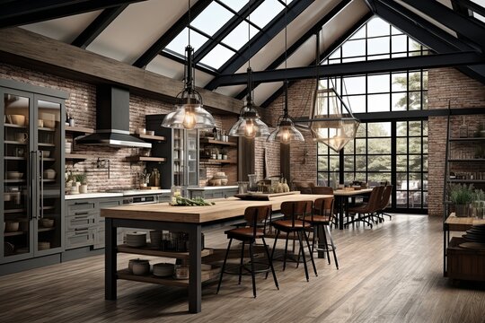 Raw Elegance: Industrial-Chic Loft Kitchen with Exposed Beams and Neutral Palette