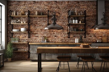 Chic Industrial Kitchen: Brick Accent Wall, Open Shelving, Modern Design - obrazy, fototapety, plakaty