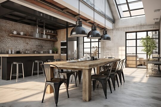 Industrial-Chic Kitchen: Large Dining Table, Metal Chairs, Rustic Vibe