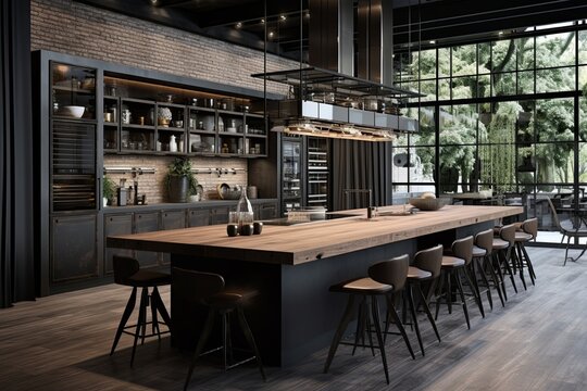 Metallic Marvel: Industrial-Chic Kitchen with Large Island and Metal Accents