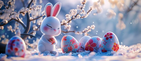 3D large eared Easter bunny, pale blue floral background, cherry tree blossom, sakaura, ornate and colourful easter eggs. - obrazy, fototapety, plakaty
