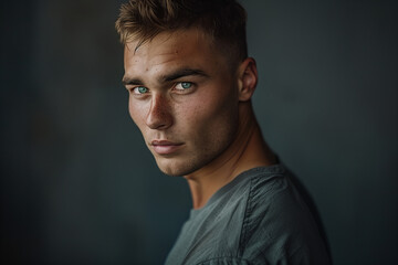 Obraz premium Intense Gaze of a Young Man, Dramatic Portrait Against Dark Backdrop