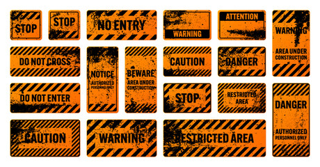 Orange grunge warning signs with diagonal lines. Old attention, danger or caution sign, construction site signage. Realistic notice signboard, warning banner, road shield. Vector illustration