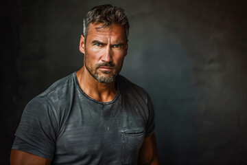 Obraz premium Rugged Handsome Man with Intense Stare, Charismatic Dark Background Portrait
