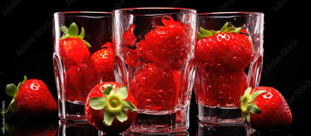 Sticker Three glasses filled with fresh strawberries, showcasing the natural beauty of this fruit. Perfect for a delicious recipe or as a decorative centerpiece on a table adorned with flowers and plants