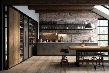 Industrial-Style Sliding Barn Doors: Rustic Touch in Kitchen Design - obrazy, fototapety, plakaty