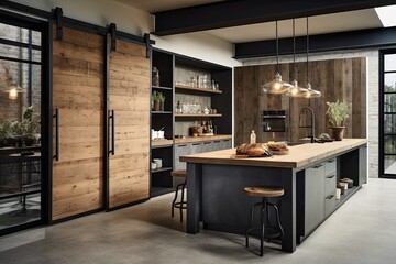 Sliding Barn Doors Galore: Industrial-Style Kitchen Inspirations with a Rustic Touch - obrazy, fototapety, plakaty