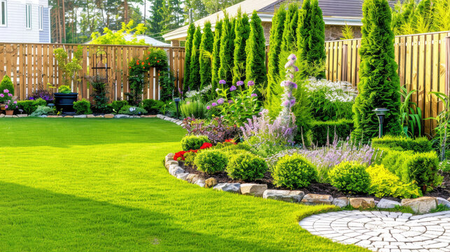 Lush backyard garden with vibrant flowers lush lawn stone path and wooden fence on a sunny day
