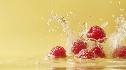 A bunch of raspberries are being splashed with water, AI