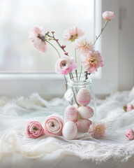Fototapeta na wymiar Happy Easter. Soft Light Tulip and Easter Egg Table