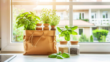 Indoor herbs and spices on a sunny windowsill with a paper bag and glass jars against a blurred urban background