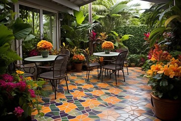 Fototapeta na wymiar Ceramic Delights: Vibrant Tropical Backyard Patio with Colorful Patterns and Lush Decor