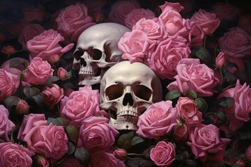 Vivid Skull roses paint nature. Art flower. Generate Ai