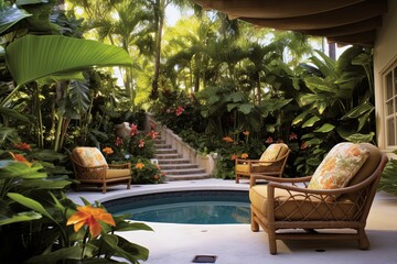 Lush Tropical Backyard Patio Poolside Loungers: Refreshing Dips & Sunny Day Vibes