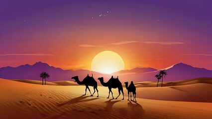 Fototapeta na wymiar Silhouette of Camels trekking through desert at stunning sunset