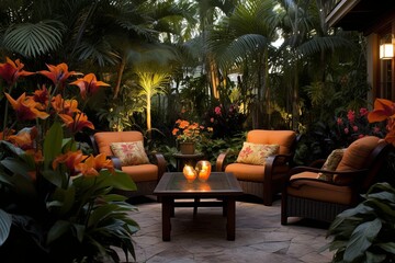 Fototapeta na wymiar Sustainable Solar Lights Illuminate Lush Tropical Backyard Patio Inspiration