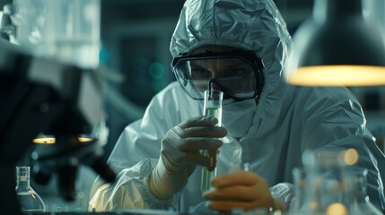 A man in white lab coat holding a test tube with liquid, AI