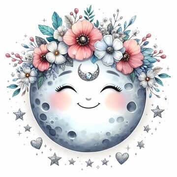 Round moon with smiley face cute flower wreath.