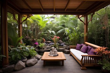 Fototapeta premium Lush Bamboo Oasis: Tropical Backyard Patio Inspiration with Vibrant Cushions